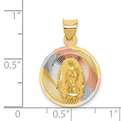 14K Gelb- und Rhodiumgold Kreis-Anhänger „Jungfrau von Guadalupe“ mit Rhodium-Politur und Diamantschliff
