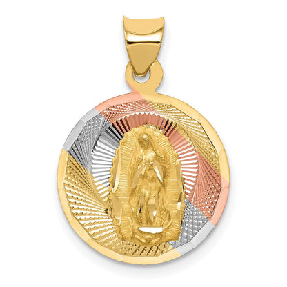 14K Gelb- und Rhodiumgold Kreis-Anhänger „Jungfrau von Guadalupe“ mit Rhodium-Politur und Diamantschliff
