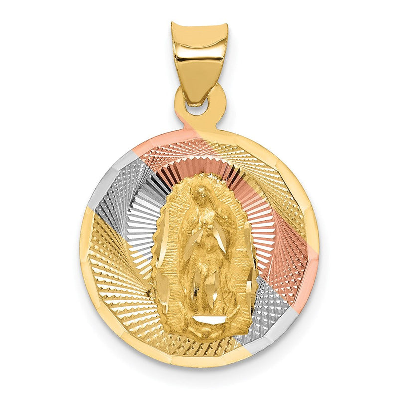 14K Gelb- und Rhodiumgold Kreis-Anhänger „Jungfrau von Guadalupe“ mit Rhodium-Politur und Diamantschliff