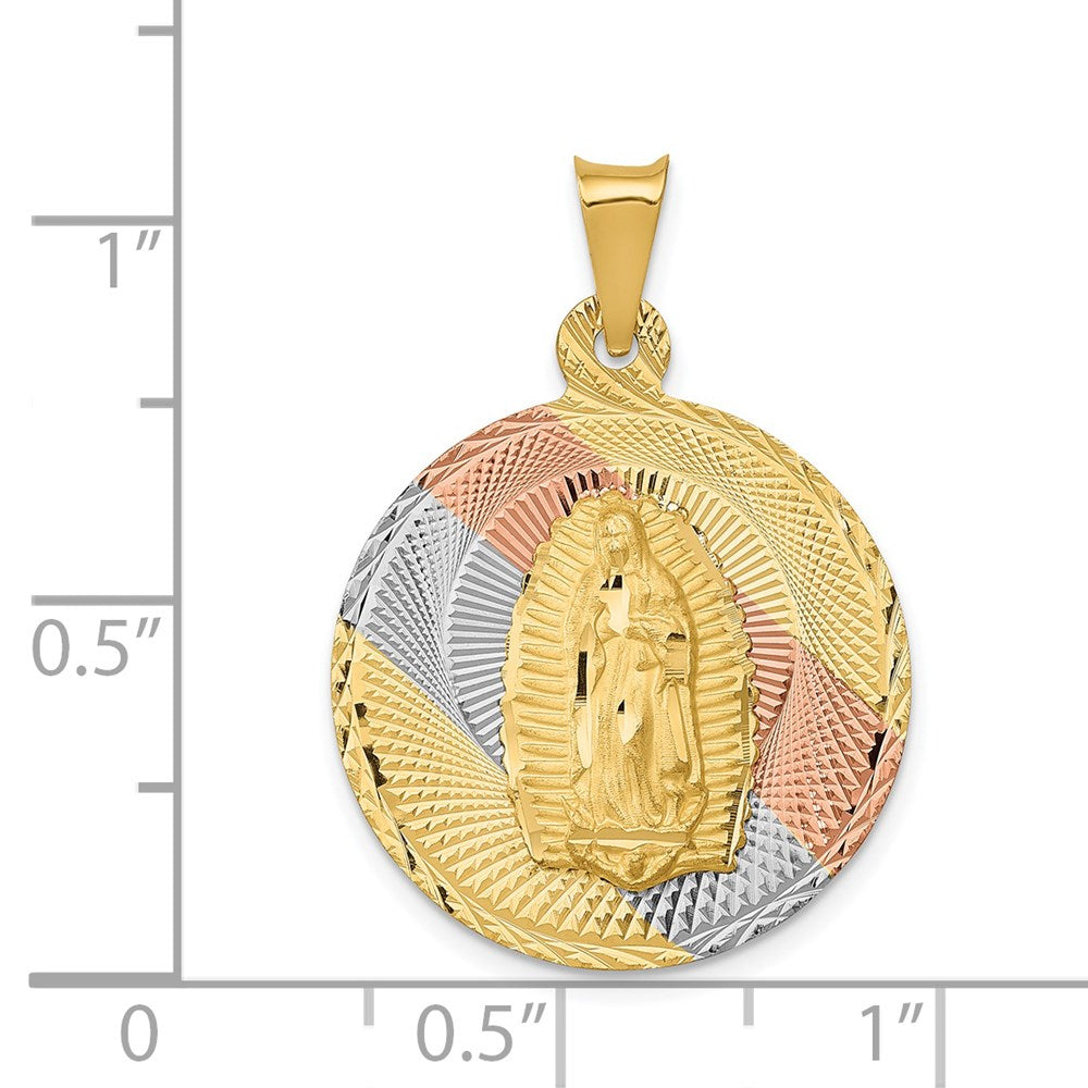 14K Gelb- & Rhodiumgold Kreisanhänger „Jungfrau von Guadalupe", diamantiert, rhodiniert und poliert