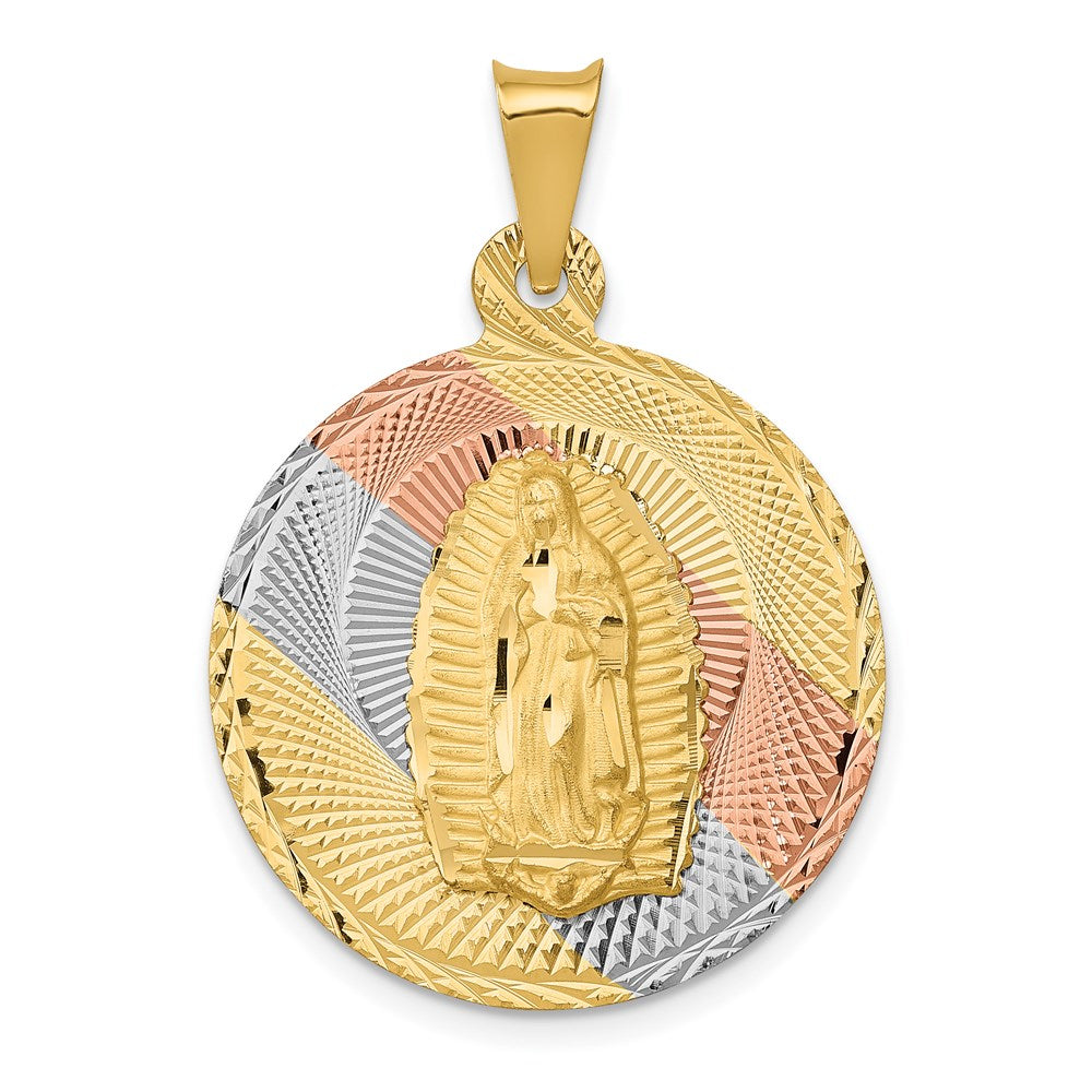 14K Gelb- & Rhodiumgold Kreisanhänger „Jungfrau von Guadalupe", diamantiert, rhodiniert und poliert