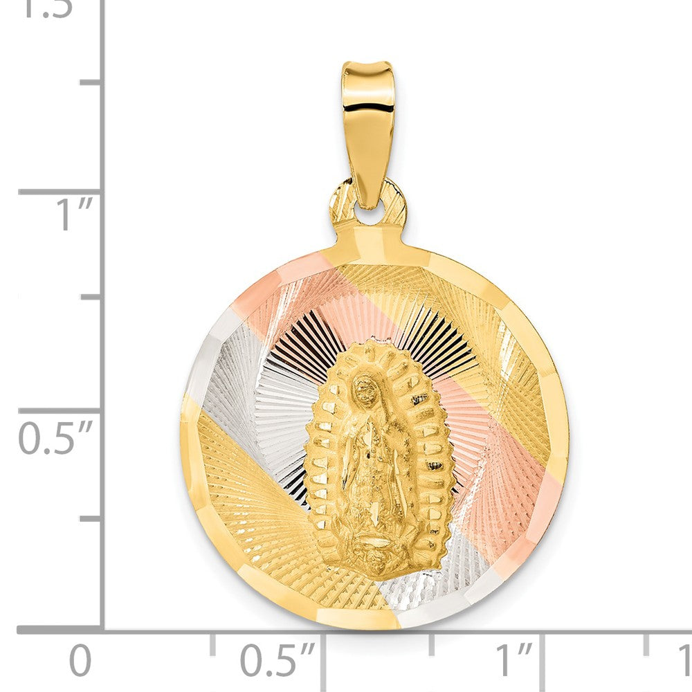 14K Gelb- & Rhodiumgold Kreisanhänger „Jungfrau von Guadalupe", rhodiniert und diamantiert poliert