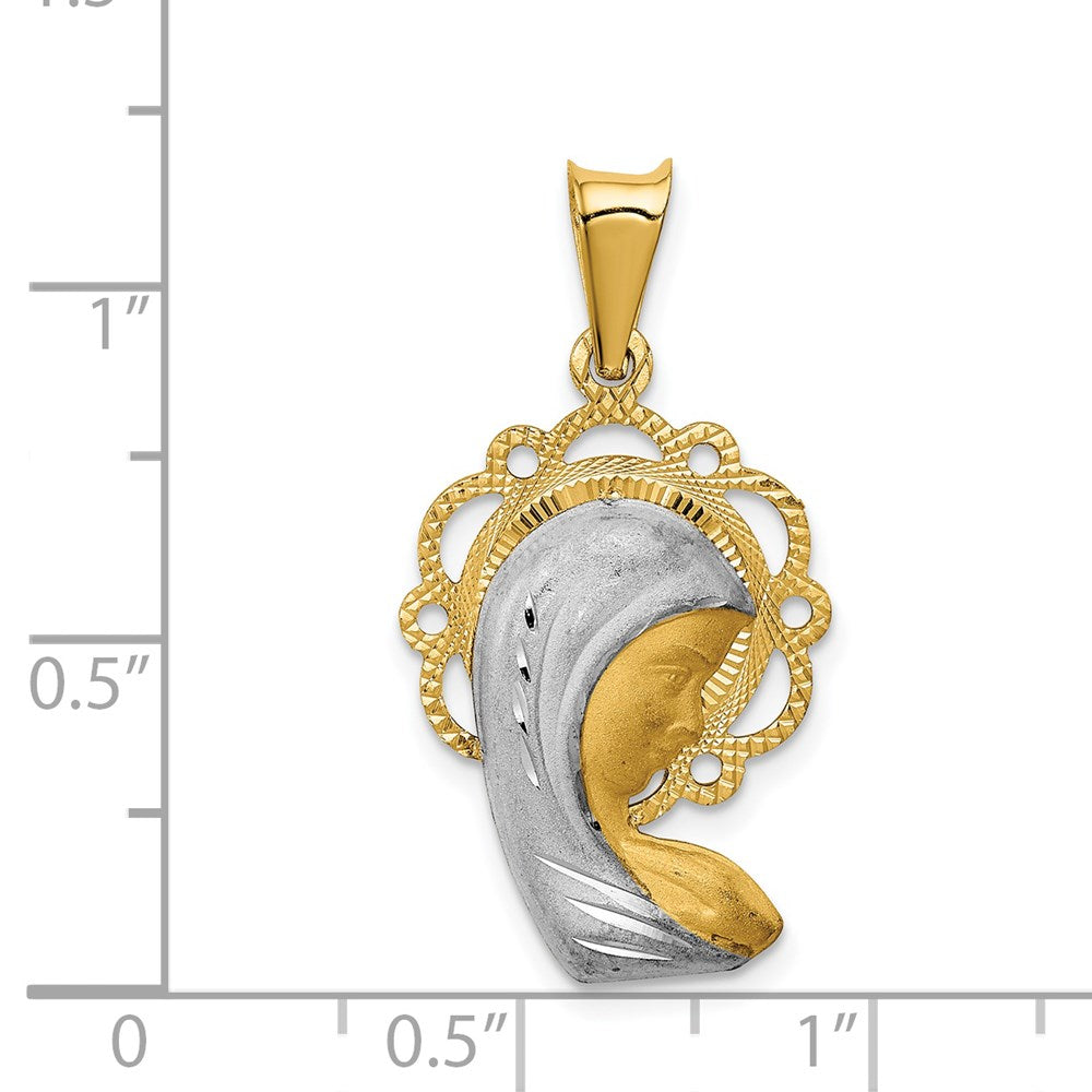 14 Karat Gelbgold mit Rhodium, satiniert und poliert, Maria-Anhänger