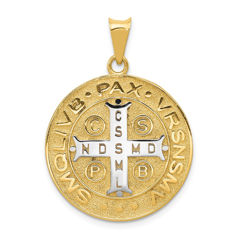 14 Karat Gelbgold und Roddiumgold mit Rhodium, Kreis-Sankt-Benedikt-Medaille-Anhänger
