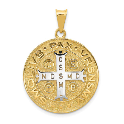 14 Karat Gelbgold und Roddiumgold mit Rhodium, Kreis-Sankt-Benedikt-Medaille-Anhänger