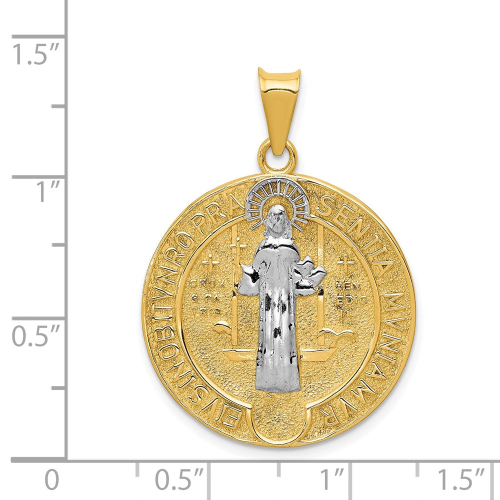 14 Karat Gelbgold und Roddiumgold mit Rhodium, Kreis-Sankt-Benedikt-Medaille-Anhänger