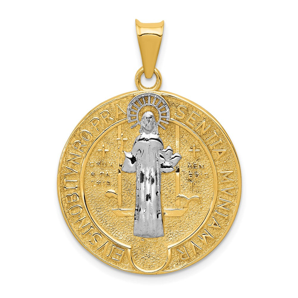 14 Karat Gelbgold und Roddiumgold mit Rhodium, Kreis-Sankt-Benedikt-Medaille-Anhänger