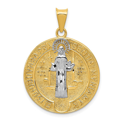 14 Karat Gelbgold und Roddiumgold mit Rhodium, Kreis-Sankt-Benedikt-Medaille-Anhänger