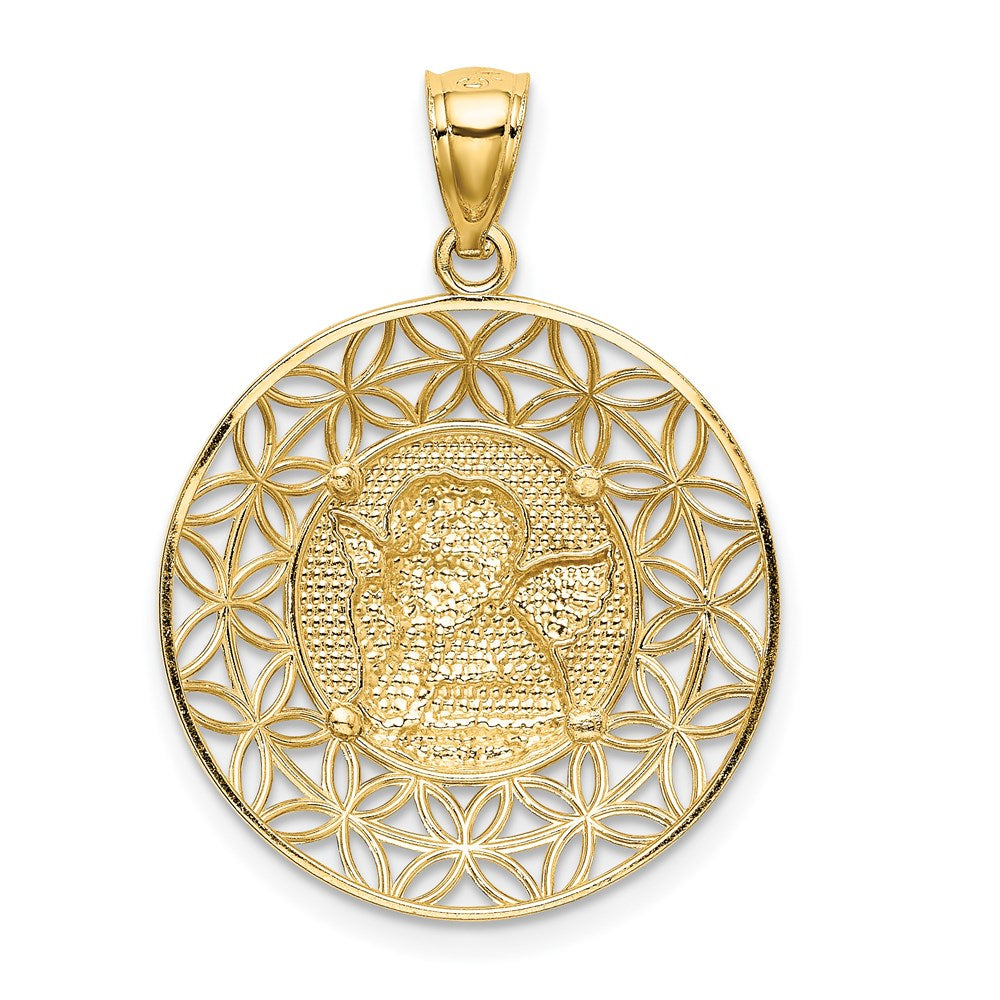 14K Gelbgold polierter Engel Diamantschliff Medaillon-Anhänger