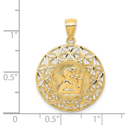 14K Gelbgold polierter Engel Diamantschliff Medaillon-Anhänger