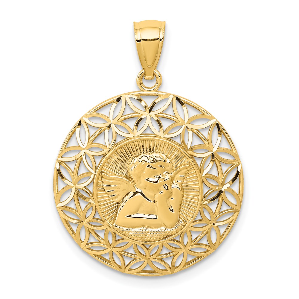 14K Gelbgold polierter Engel Diamantschliff Medaillon-Anhänger