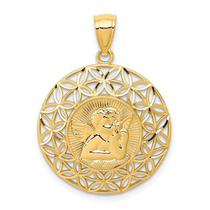 14K Gelbgold polierter Engel Diamantschliff Medaillon-Anhänger
