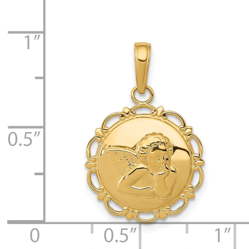 14K Gelbgold Anhänger mit poliertem Engel auf rundem Muschelrahmen