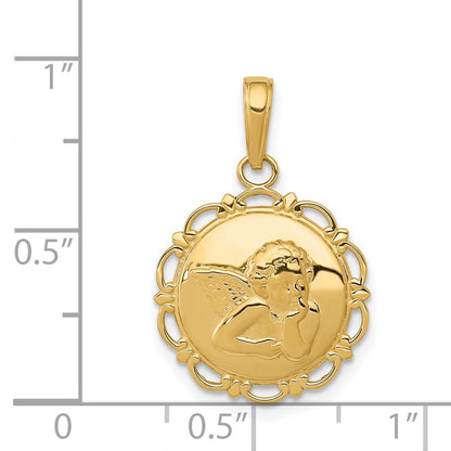 14K Gelbgold Anhänger mit poliertem Engel auf rundem Muschelrahmen