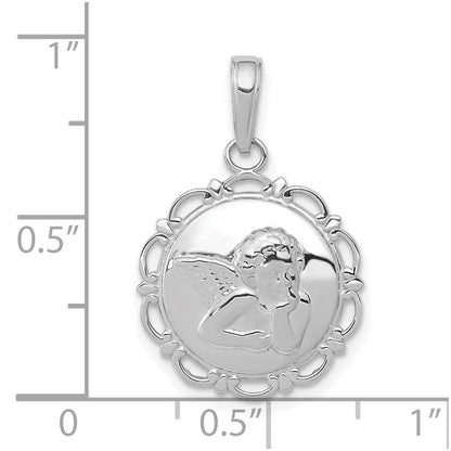 14K Weißgold Polierter Engel/Putte auf rundem Muschelrahmen-Anhänger