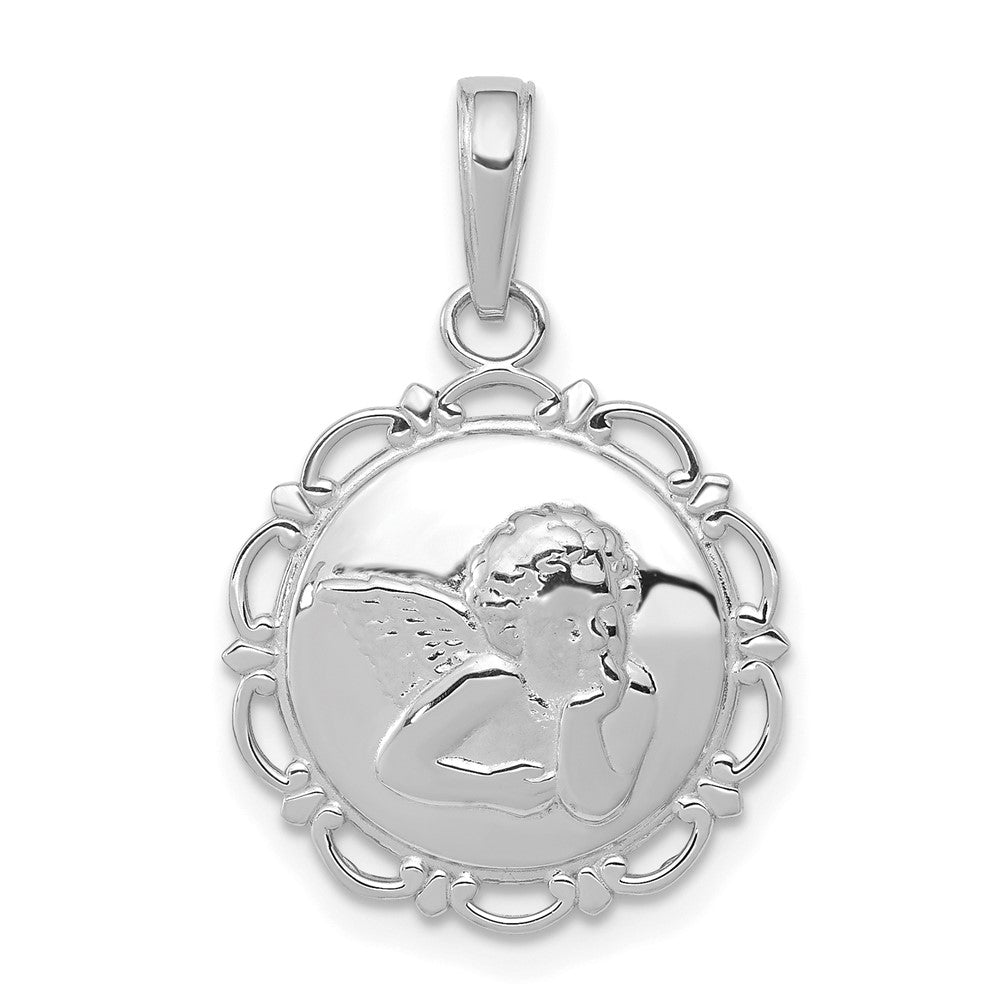 14K Weißgold Polierter Engel/Putte auf rundem Muschelrahmen-Anhänger
