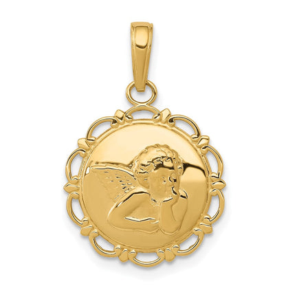 14K Gelbgold Anhänger mit poliertem Engel auf rundem Muschelrahmen