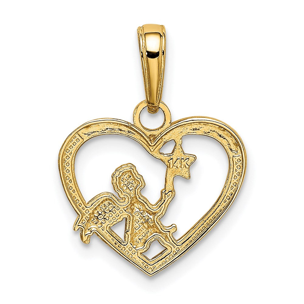 14K Gelb & Rhodium mit Rhodium Engel in Herz mit Stern Anhänger