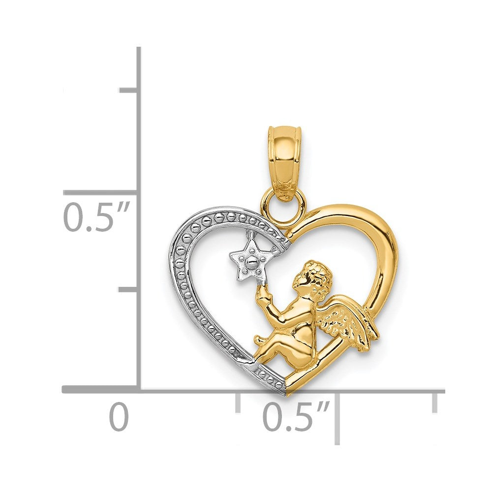 14K Gelb & Rhodium mit Rhodium Engel in Herz mit Stern Anhänger