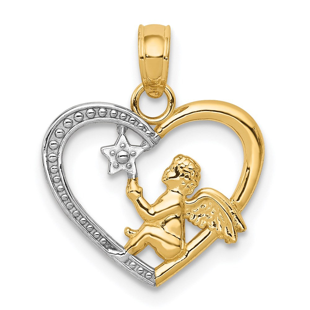 14K Gelb & Rhodium mit Rhodium Engel in Herz mit Stern Anhänger