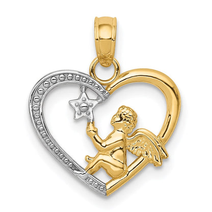 14K Gelb & Rhodium mit Rhodium Engel in Herz mit Stern Anhänger
