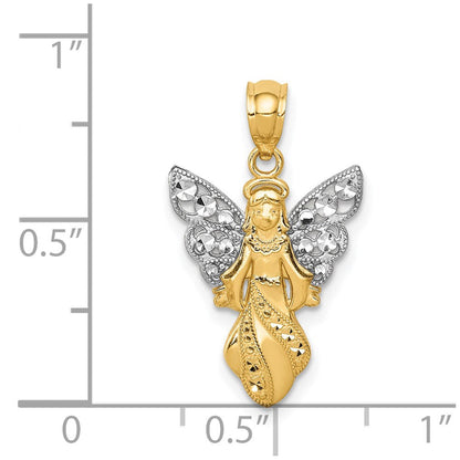 14K Gelb & Rhodium mit Rhodium Poliert / Strukturiert Engel Anhänger
