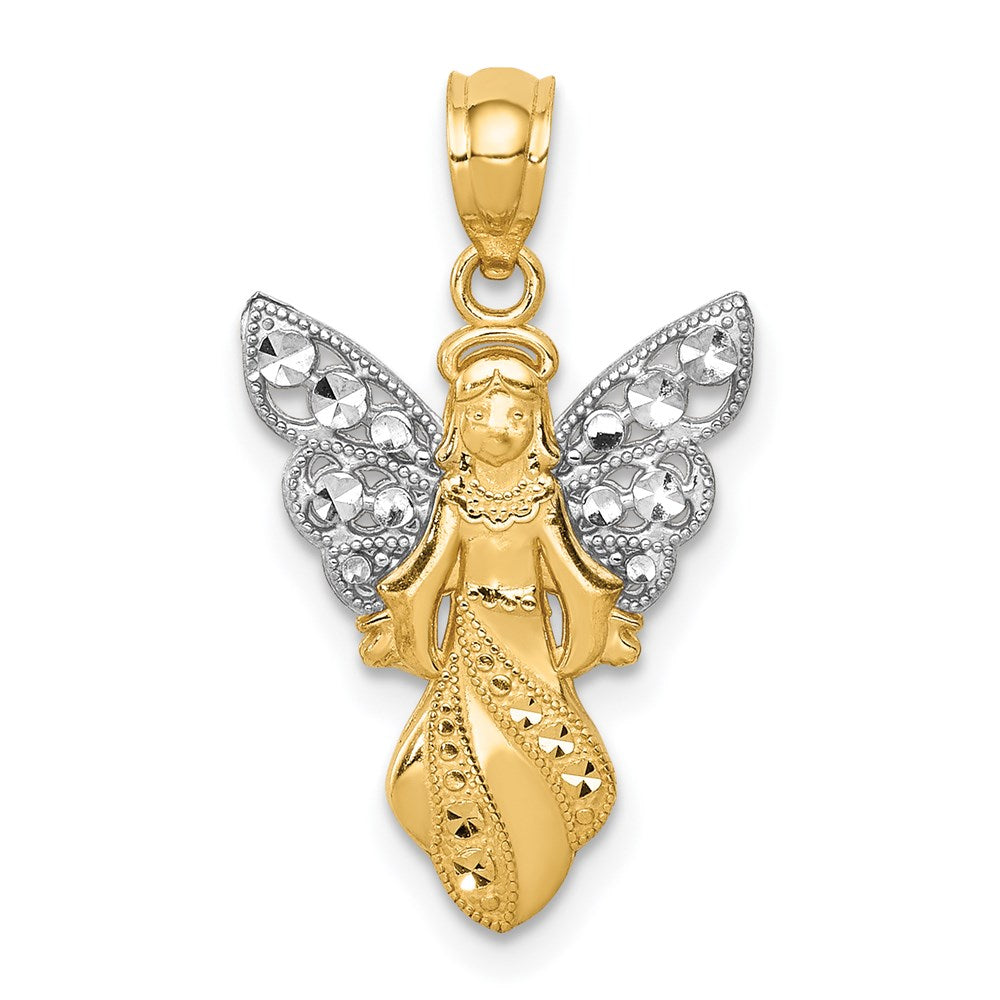 14K Gelb & Rhodium mit Rhodium Poliert / Strukturiert Engel Anhänger