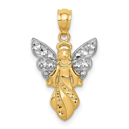 14K Gelb & Rhodium mit Rhodium Poliert / Strukturiert Engel Anhänger