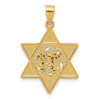 14K Bicolor Gold Polierter Davidstern-Anhänger mit Chai