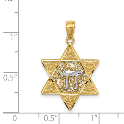 14K Bicolor Gold Polierter Davidstern-Anhänger mit Chai