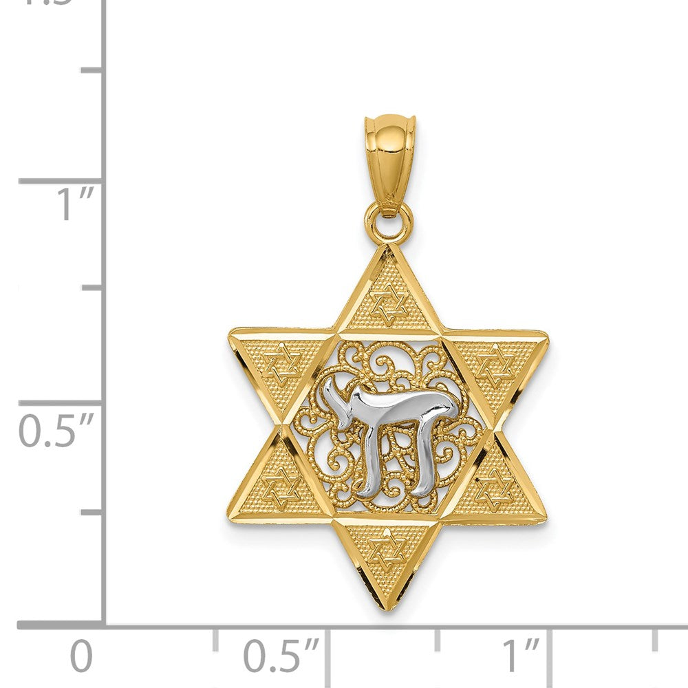 14K Bicolor Gold Polierter Davidstern-Anhänger mit Chai