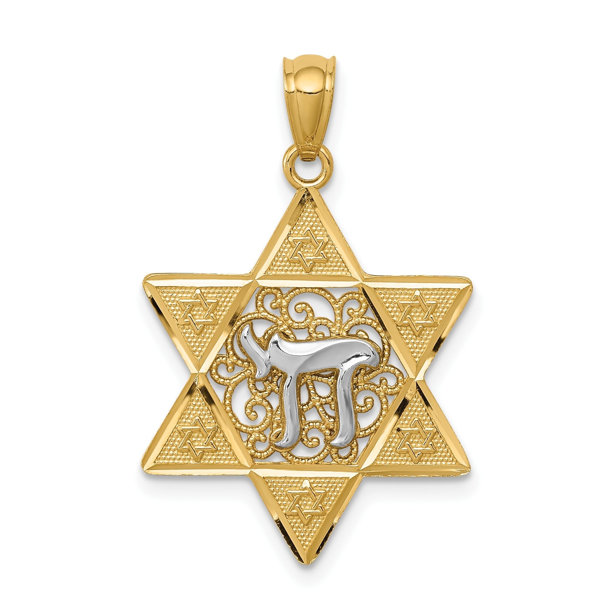 14K Bicolor Gold Polierter Davidstern-Anhänger mit Chai