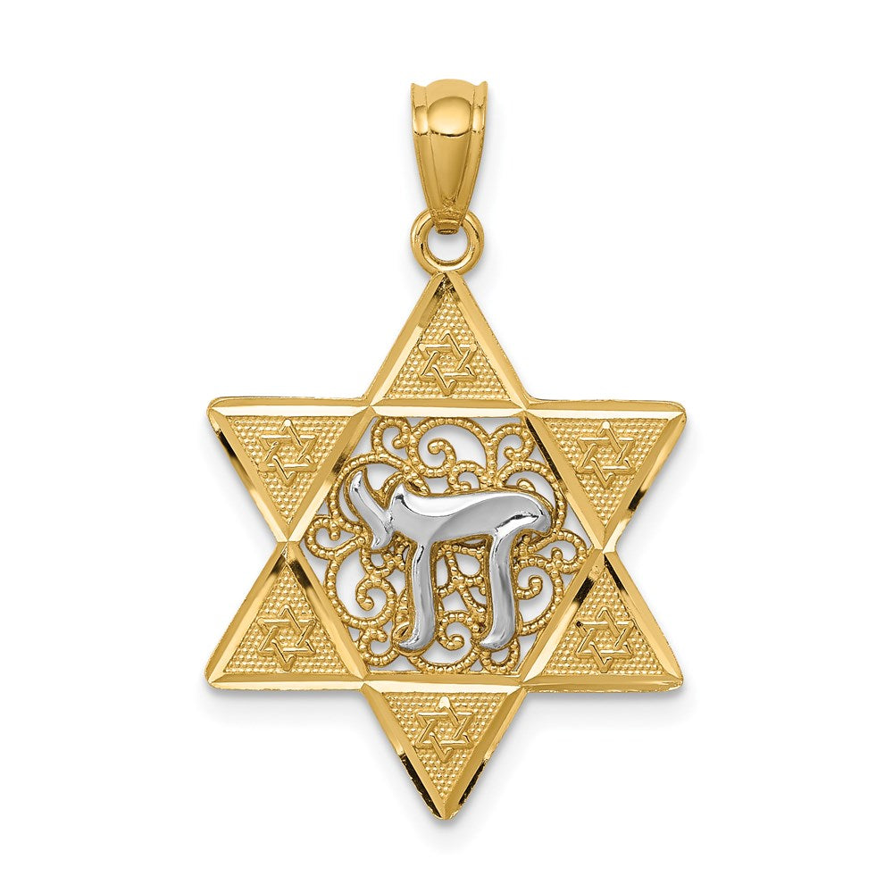 14K Bicolor Gold Polierter Davidstern-Anhänger mit Chai