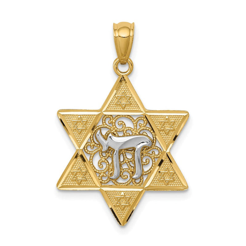 14K Bicolor Gold Polierter Davidstern-Anhänger mit Chai
