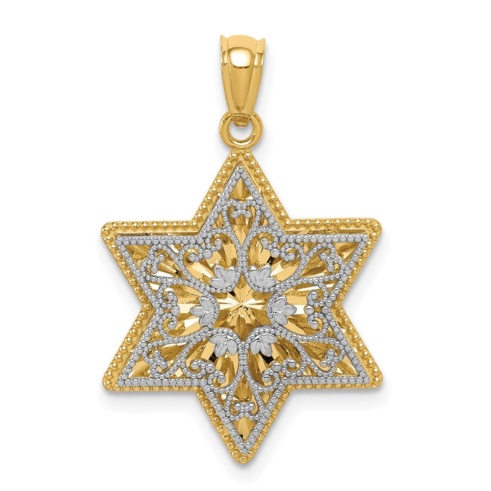 14K Bicolor Gold Polierter Wendbarer Filigraner Davidstern-Anhänger
