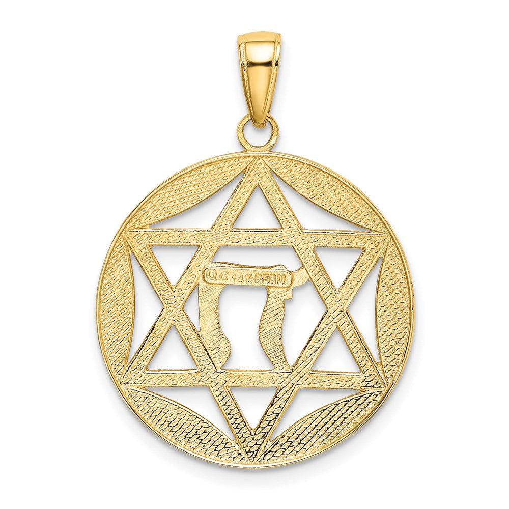 14 Karat Gelbgold mit Rhodium, rhodiniert, poliert, Davidstern mit Chai-Anhänger, rund