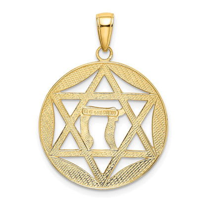 14 Karat Gelbgold mit Rhodium, rhodiniert, poliert, Davidstern mit Chai-Anhänger, rund