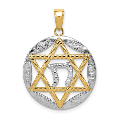 14 Karat Gelbgold mit Rhodium, rhodiniert, poliert, Davidstern mit Chai-Anhänger, rund