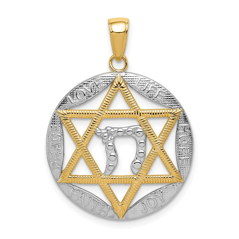 14 Karat Gelbgold mit Rhodium, rhodiniert, poliert, Davidstern mit Chai-Anhänger, rund