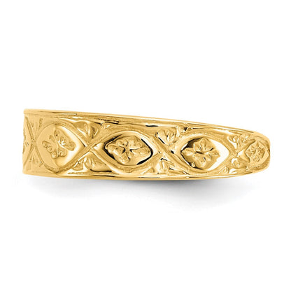 14K Gelbgold Zehenring, poliert, mit Wellenmuster und Blüte in der Mitte