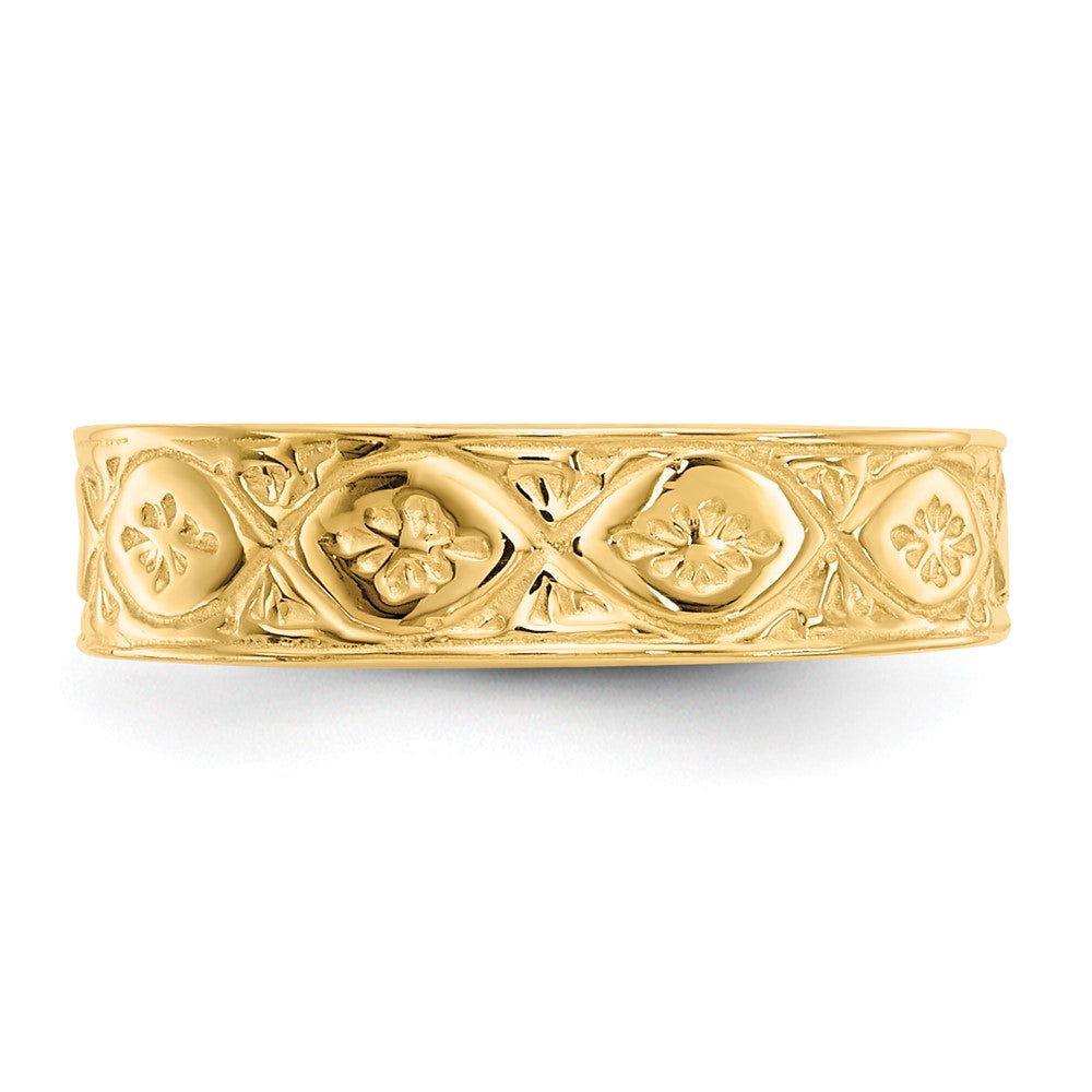 14K Gelbgold Zehenring, poliert, mit Wellenmuster und Blüte in der Mitte
