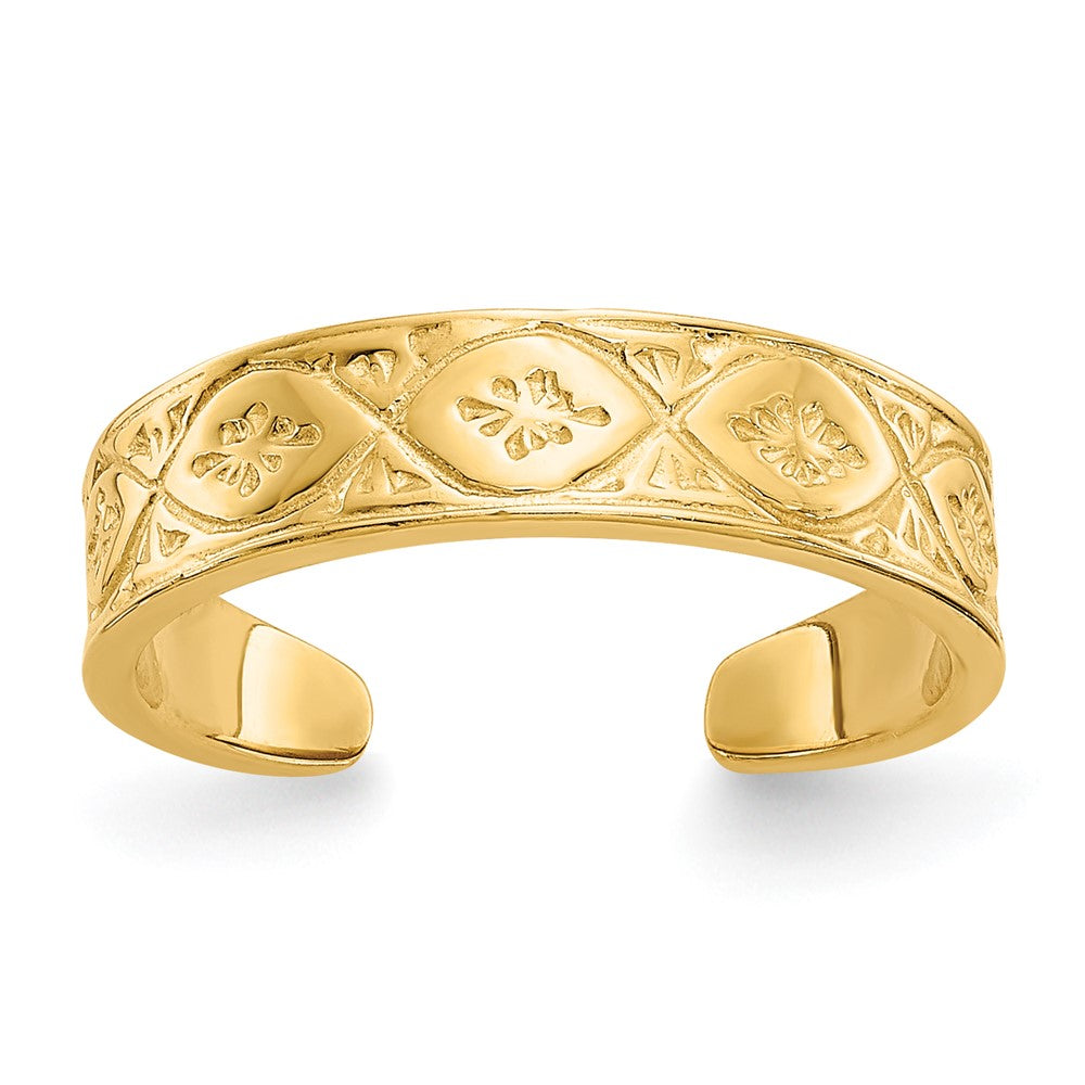 14K Gelbgold Zehenring, poliert, mit Wellenmuster und Blüte in der Mitte