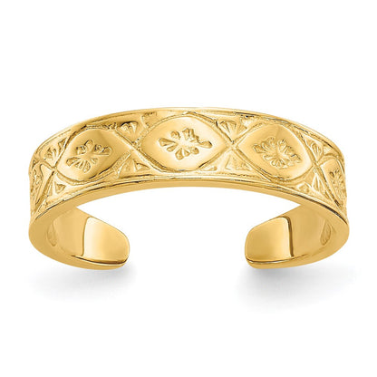 14K Gelbgold Zehenring, poliert, mit Wellenmuster und Blüte in der Mitte