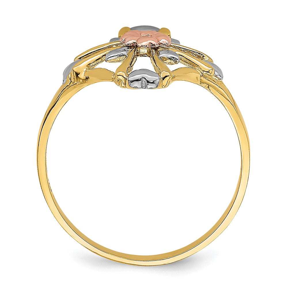 14K Bicolor-Gold Ring mit weißem Rhodium, poliertem Kreuz und Blumenmotiv