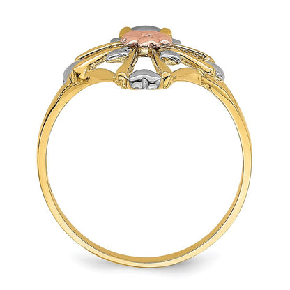 14K Bicolor-Gold Ring mit weißem Rhodium, poliertem Kreuz und Blumenmotiv