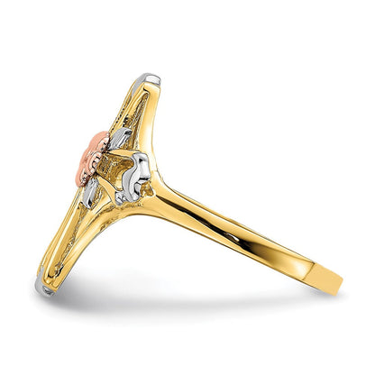14K Bicolor-Gold Ring mit weißem Rhodium, poliertem Kreuz und Blumenmotiv