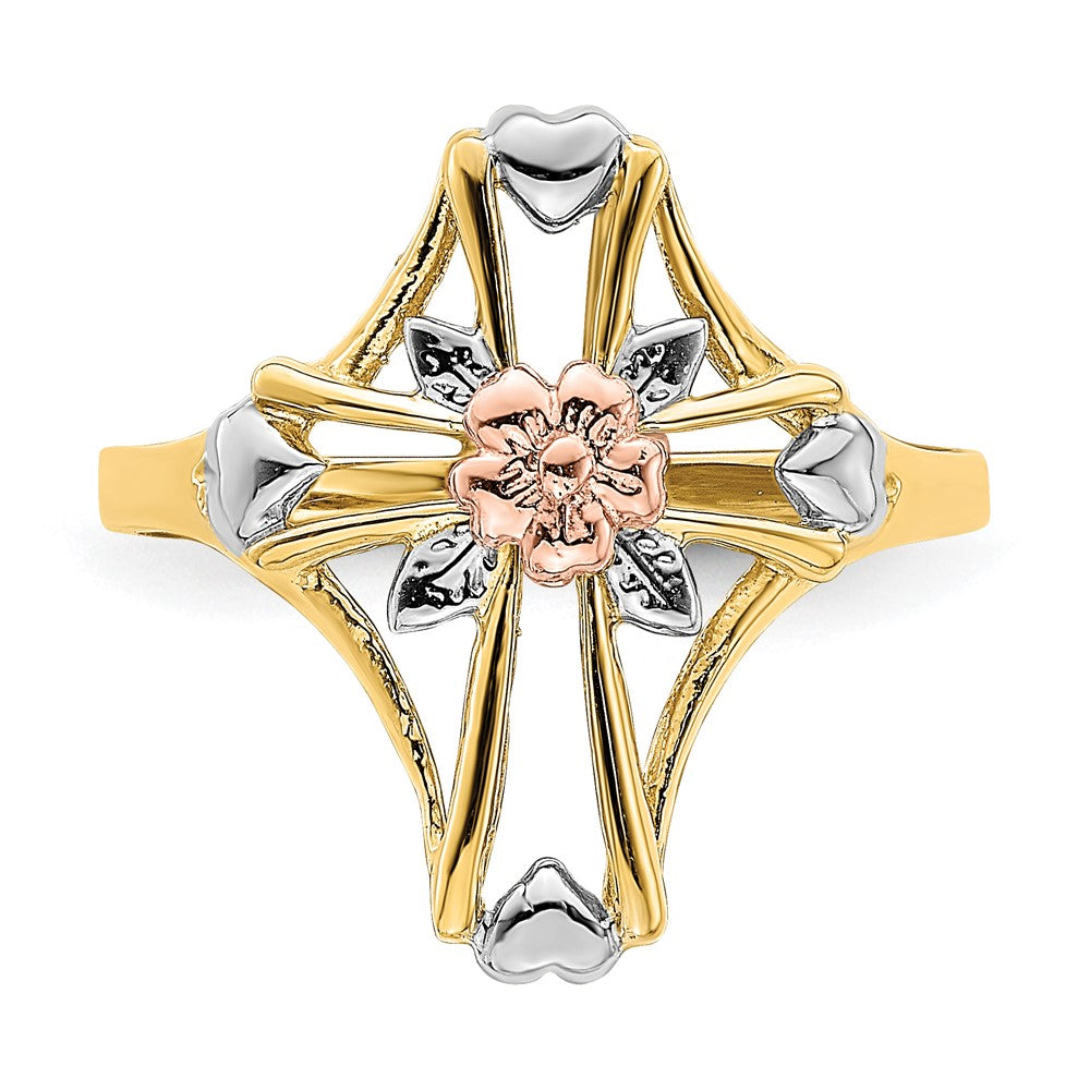14K Bicolor-Gold Ring mit weißem Rhodium, poliertem Kreuz und Blumenmotiv