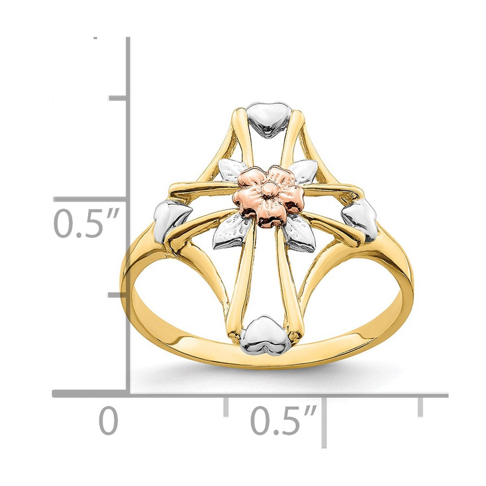 14K Bicolor-Gold Ring mit weißem Rhodium, poliertem Kreuz und Blumenmotiv