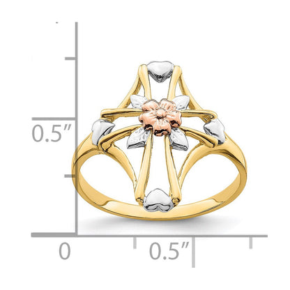 14K Bicolor-Gold Ring mit weißem Rhodium, poliertem Kreuz und Blumenmotiv