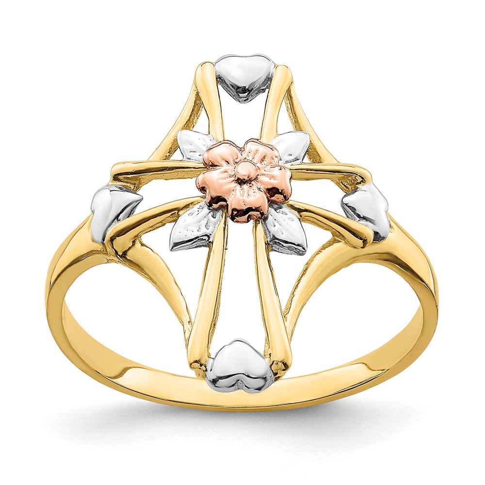 14K Bicolor-Gold Ring mit weißem Rhodium, poliertem Kreuz und Blumenmotiv
